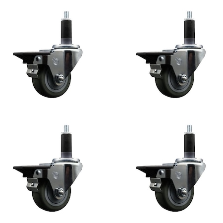 Service Caster 3'' Gray Poly Swivel 1-1/8'' Expanding Stem Caster Set with Brake, 4PK SCC-EX20S314-PPUB-PLB-118-4